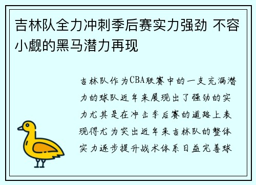 吉林队全力冲刺季后赛实力强劲 不容小觑的黑马潜力再现