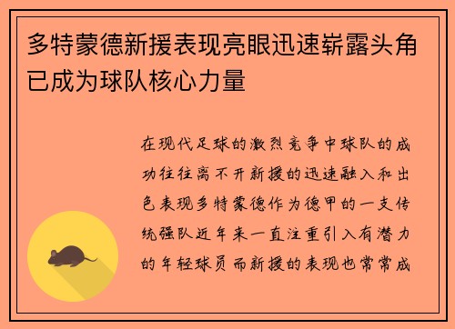 多特蒙德新援表现亮眼迅速崭露头角已成为球队核心力量