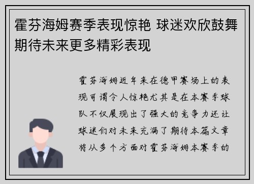 霍芬海姆赛季表现惊艳 球迷欢欣鼓舞期待未来更多精彩表现